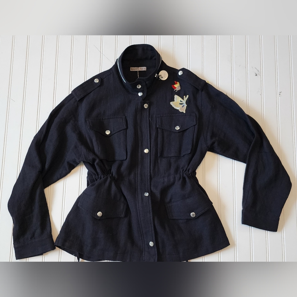 Women's Black Utility Jacket with Floral Embroidery